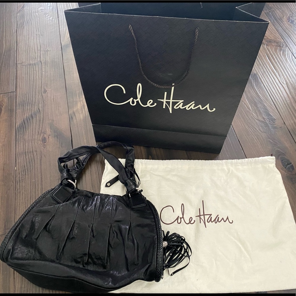 Cole Haan Leather Pleated Tassel Hobo Bag